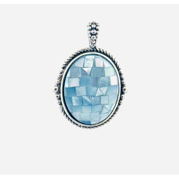 Estate Sterling Silver 925 Oval Mosaic Blue Mother of Pearl Pendant, 4g, No Chai - Picture 1 of 8